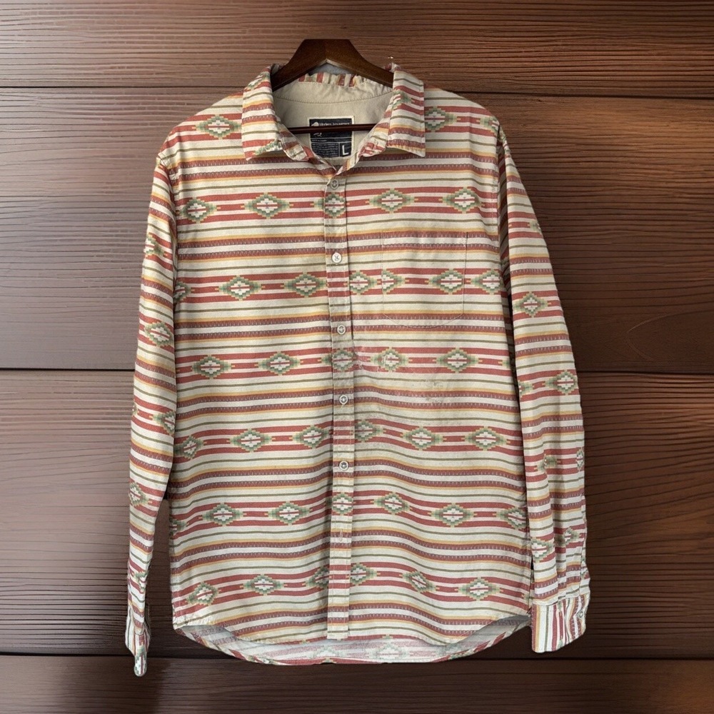 Modern Amusement Shirt L Cotton Southwest Aztec Button Thrashed Distressed Work